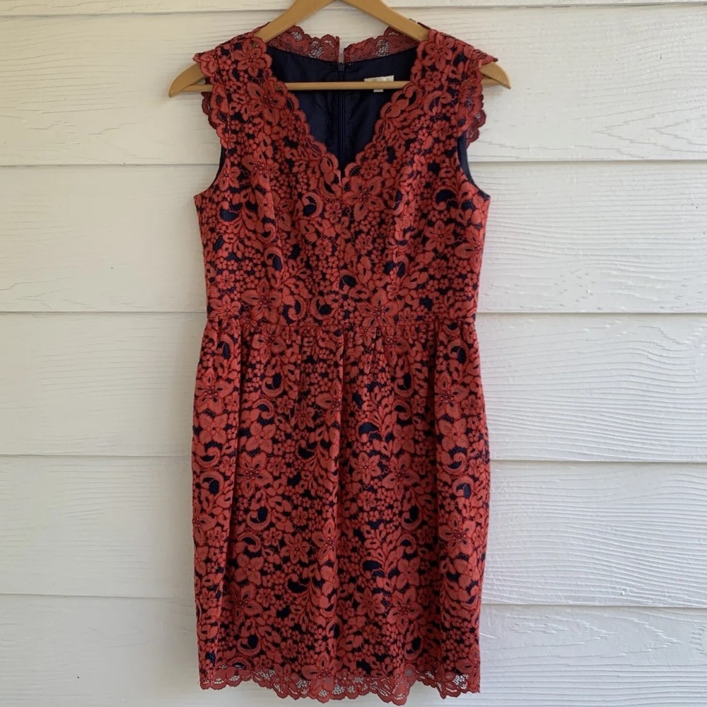 Shoshanna Lace Midi Sheath Dress in Red size 8 Lined V Neck